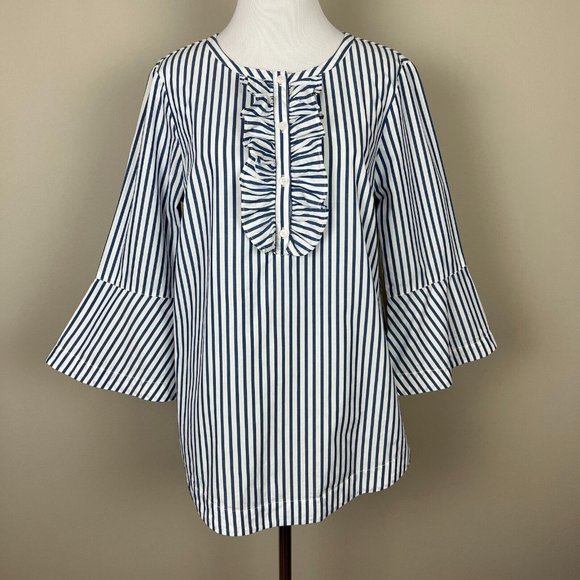 Draper James Top Womens Small Blue Striped 3/4 Bell Sleeve Cotton Ruffle Relaxed - Picture 1 of 11